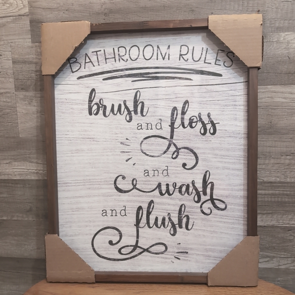Bathroom Rules Wall Sign - White & Brown